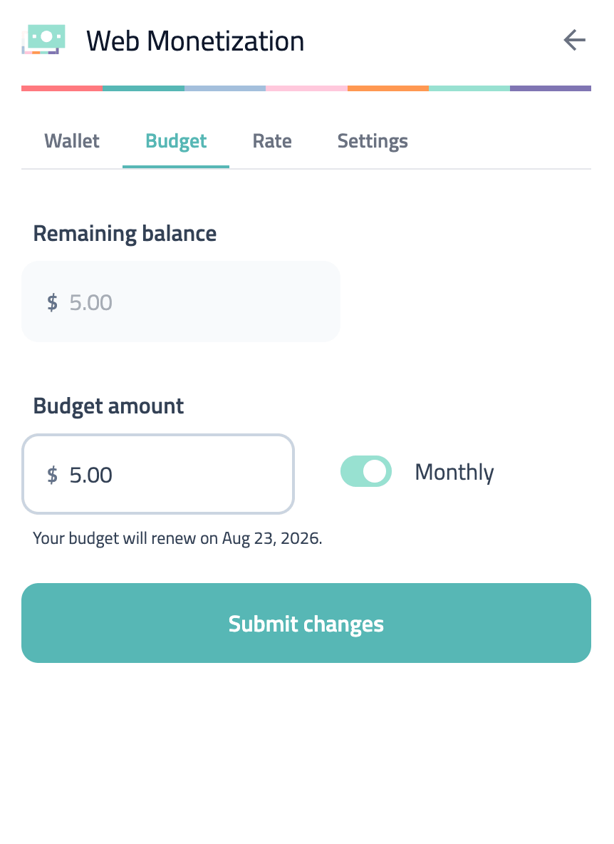 Budget tab showing your remaining balance and options to change budget amount and renewal