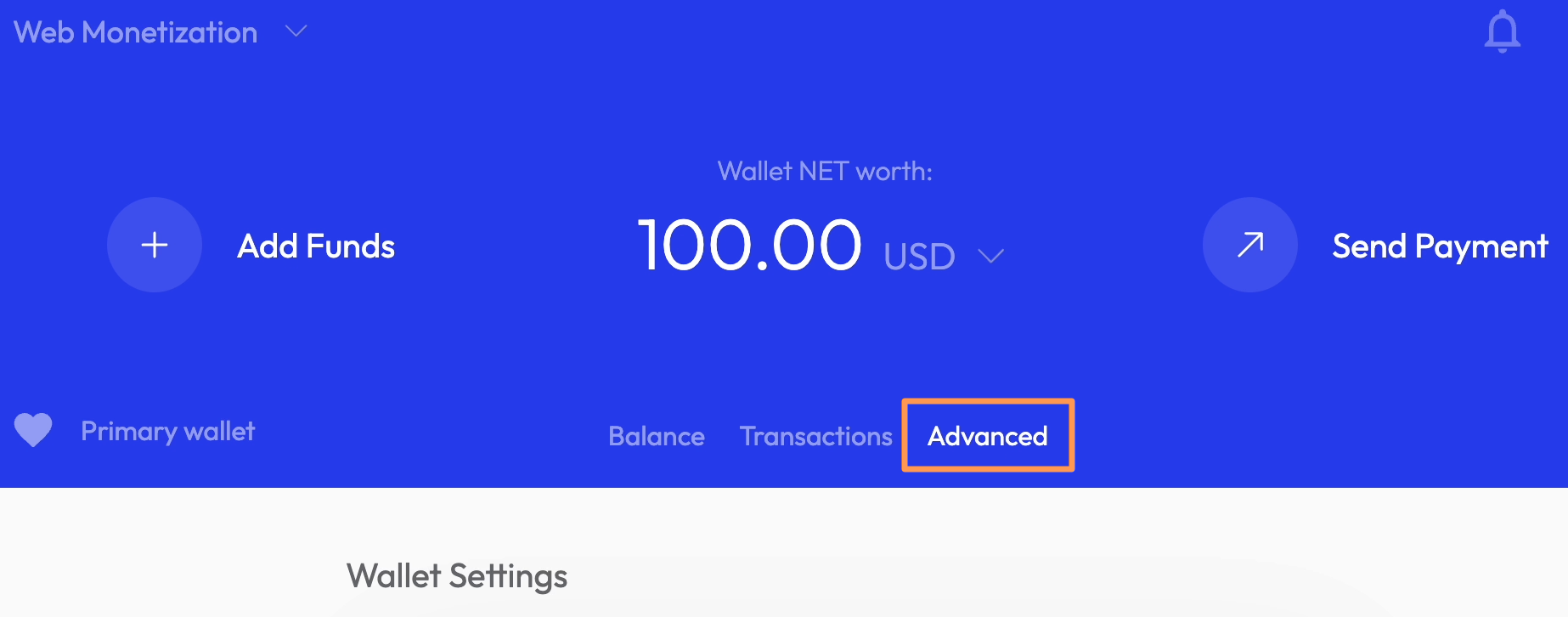 Advanced option highlighted on the user's wallet screen
